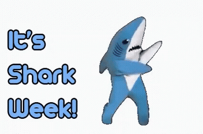 A Stuffed Shark Is Dancing In Front Of The Words It 'S Shark Week ! GIF