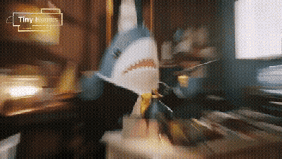 A Stuffed Shark Is Sitting On A Table With Tiny Homes Written On The Bottom GIF