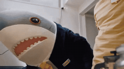 A Stuffed Shark Wearing An Ikea Jacket GIF