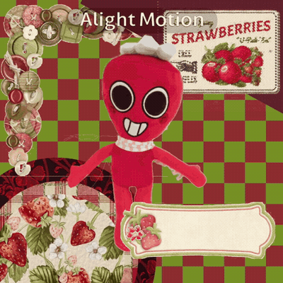 A Stuffed Strawberry With A Label That Says Alight Motion GIF