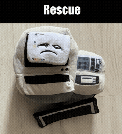 A Stuffed Toy With A Sad Face And The Word Rescue Written Above It GIF