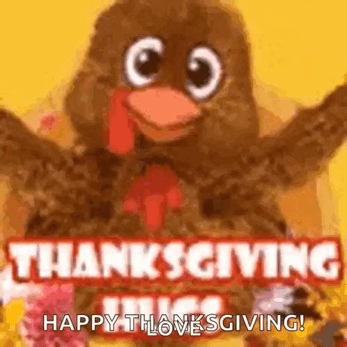 A Stuffed Turkey Is Holding Its Arms Up In The Air And Says Happy Thanksgiving . GIF