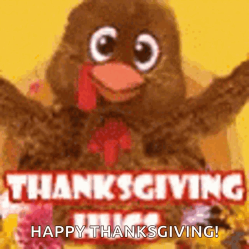 A Stuffed Turkey Says Happy Thanksgiving On A Yellow Background . GIF