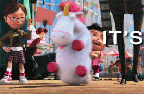 A Stuffed Unicorn With The Word It 'S Written On The Bottom GIF