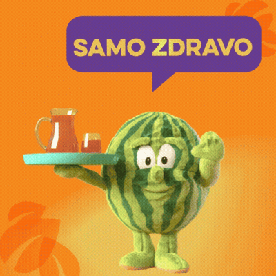 A Stuffed Watermelon Holding A Tray With A Pitcher And Two Glasses Of Juice On It GIF