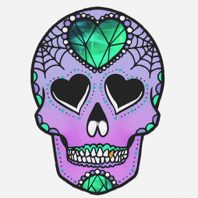 A Sugar Skull With Hearts In Its Eyes And A Green Heart On Top GIF