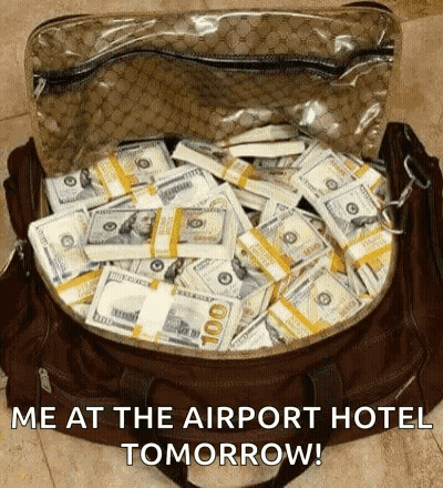 A Suitcase Filled With Stacks Of Money With The Words `` Me At The Airport Hotel Tomorrow '' Written On It . GIF