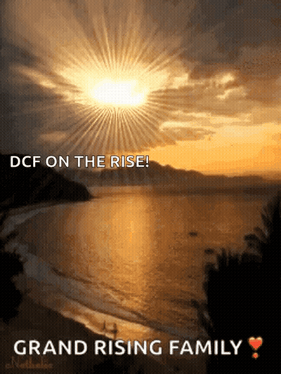A Sunset Over A Body Of Water With The Words Grand Rising Family Below It GIF