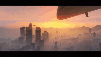 A Sunset Over A City With A Plane Flying Overhead GIF