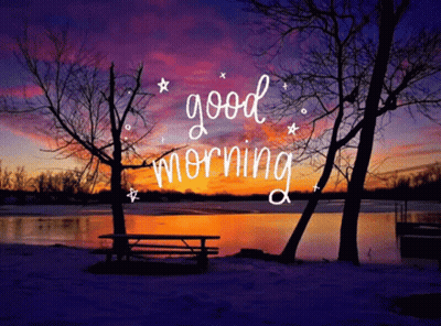 A Sunset Over A Lake With The Words Good Morning Written In White GIF