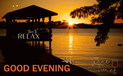 A Sunset Over A Lake With The Words " Time To Relax " GIF