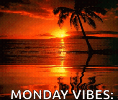 A Sunset Over The Ocean With A Palm Tree In The Foreground And The Words Monday Vibes GIF