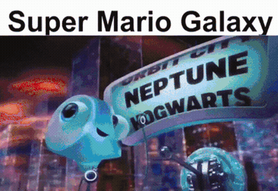 A Super Mario Galaxy Poster With A Cartoon Character And A Sign That Says Neptune Hogwarts GIF