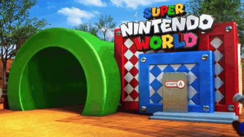 A Super Nintendo World Sign With A Green Tunnel GIF