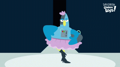 A Super Stretchy Chicken Legs Poster With A Blue Bird GIF