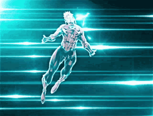 A Superhero Is Flying Through The Air In A Blue Background GIF
