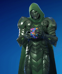 A Superhero With A Green Cape And Hood Is Holding A Cube In His Hands GIF