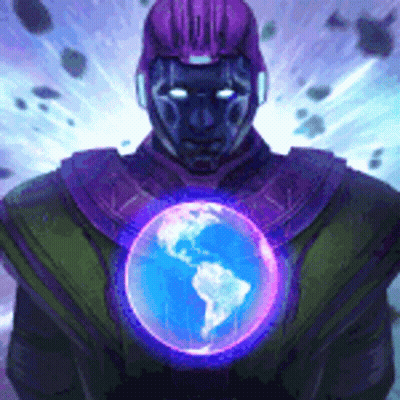A Superhero With A Purple Helmet Is Holding A Glowing Globe In His Chest . GIF