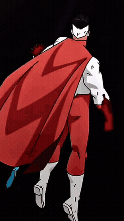 A Superhero With A Red Cape Is Walking In The Dark . GIF