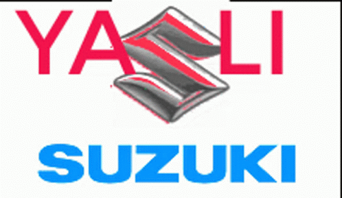 A Suzuki Logo On A White Background With Red Letters GIF