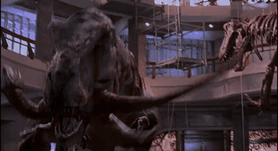 A T-Rex And A T-Rex Skeleton Are In A Museum GIF