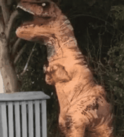 A T-Rex Costume Is Standing Next To A Fence . GIF