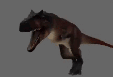 A T-Rex Dinosaur Is Running On A White Background With Its Mouth Open . GIF