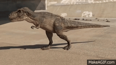 A T-Rex Dinosaur Is Walking On A Concrete Surface . GIF