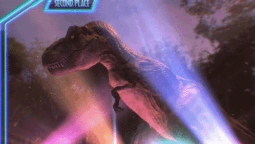 A T-Rex In Front Of A Neon Sign That Says Second Place GIF