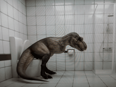 A T-Rex Is Standing On A Toilet In A Bathroom GIF