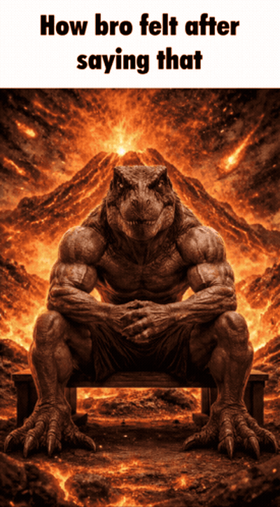 A T-Rex Sitting In Front Of A Volcano With The Words How Bro Felt After Saying That GIF