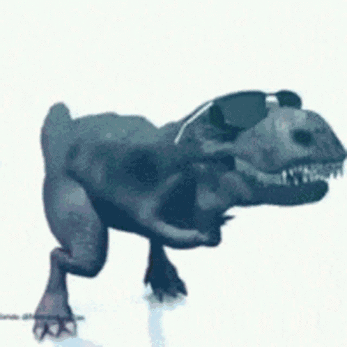 A T-Rex Wearing Sunglasses Is Standing On A White Background .. GIF
