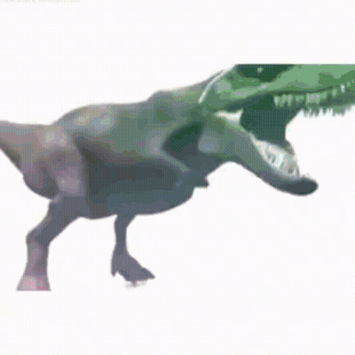A T-Rex With A Helmet On Its Head Is Walking On A White Background . GIF