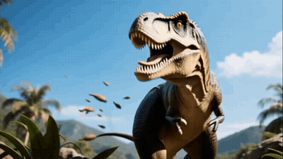 A T-Rex With Its Mouth Open Is Standing In A Jungle GIF