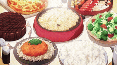 A Table Topped With A Variety Of Food Including Pizza , Noodles , Vegetables And Desserts . GIF