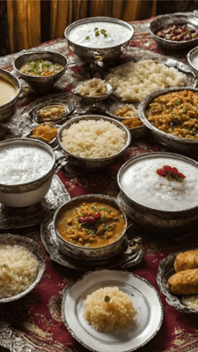 A Table Topped With Bowls Of Food And Plates Of Rice GIF