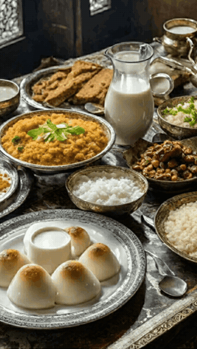 A Table Topped With Plates And Bowls Of Food Including Rice And A Pitcher Of Milk GIF