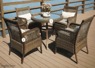 A Table With Four Chairs And A Vase Of Flowers On It Is Labeled 1 2 And 3 GIF