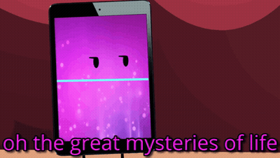 A Tablet With A Purple Background And The Words Oh The Great Mysteries Of Life Below It GIF