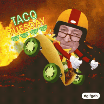 A Taco Tuesday Poster With A Man Riding A Taco GIF