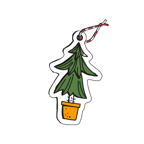 A Tag In The Shape Of A Christmas Tree With A Potted Plant On It Sticker