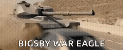 A Tank Is Driving Down A Desert Road Next To A Car With The Words `` Bigsby War Eagle '' Written On It . GIF