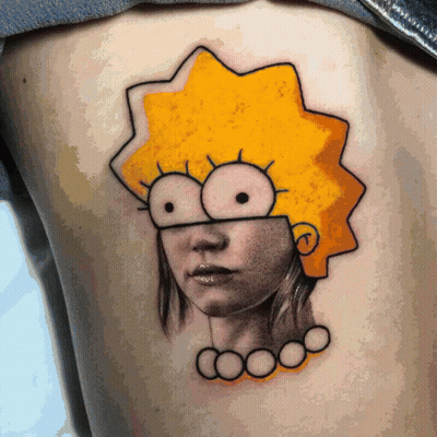 A Tattoo Of A Woman 'S Face With A Yellow Hat GIF