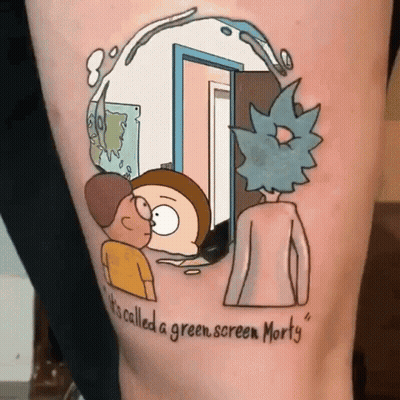 A Tattoo Of Rick And Morty On A Person 'S Leg That Says It 'S Called A Green Screen Morty GIF