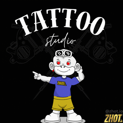 A Tattoo Studio Logo With A Monkey Wearing A Blue Shirt GIF