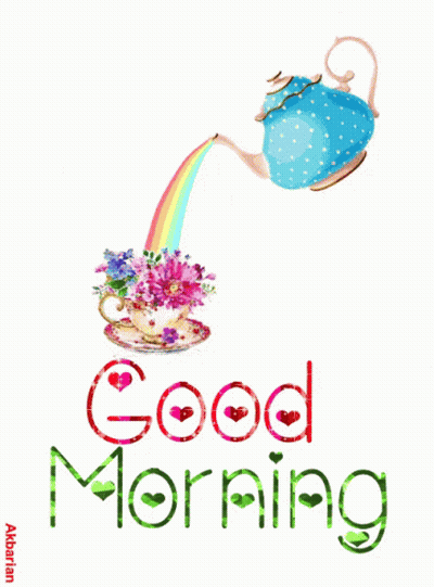 A Teapot Pouring A Rainbow Into A Cup Of Flowers With The Words Good Morning GIF