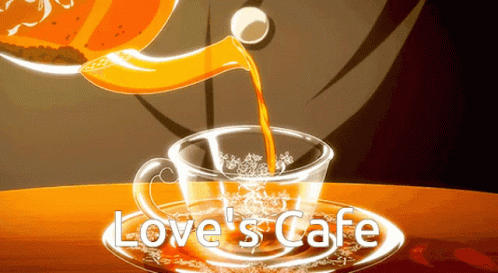 A Teapot Pouring Tea Into A Cup That Says Love 'S Cafe On It GIF