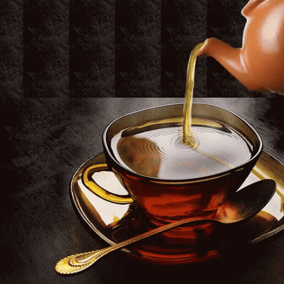 A Teapot Pouring Tea Into A Cup With A Spoon GIF