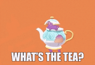 A Teapot With A Purple Ghost Coming Out Of It And The Words " What 'S The Tea " Below It GIF