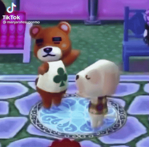 A Teddy Bear And A Dog Are Standing Next To Each Other In Animal Crossing New Leaf . GIF